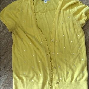 Yellow Short Sleeve Cardigan with Pearl Accents